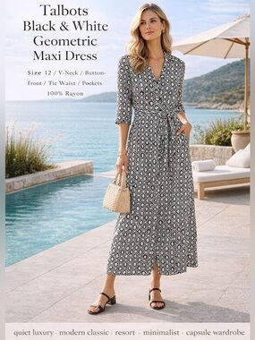 Talbots Black & White Geometric Maxi Dress Size 12 | Belted V-Neck | Pockets